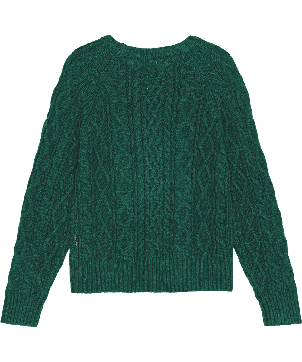 Birk - Ponderosa Pine - Green cable knit jumper with long sleeves and ribbed edges.