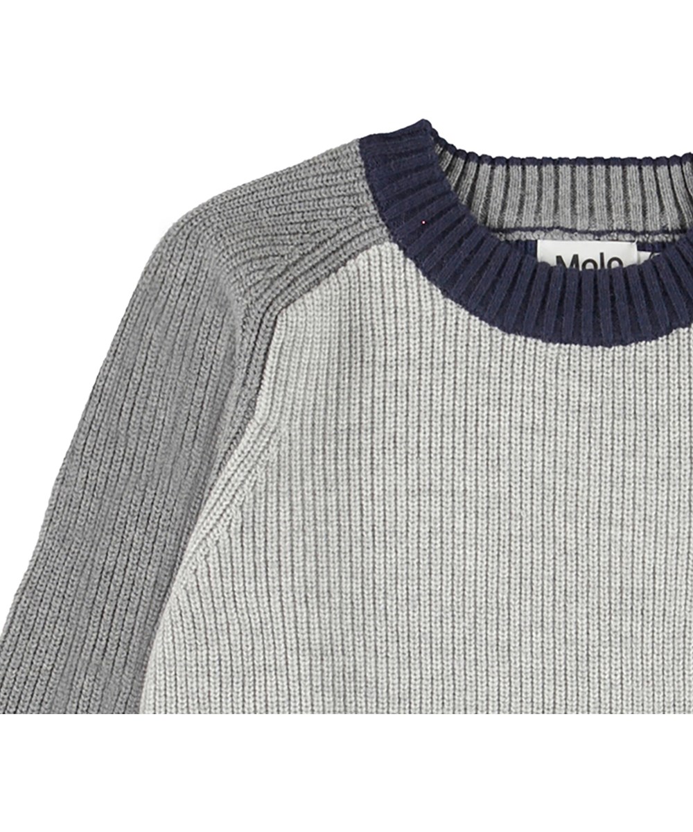 Bosse - Block Colours - Light grey knit top with blue and grey sleeves 