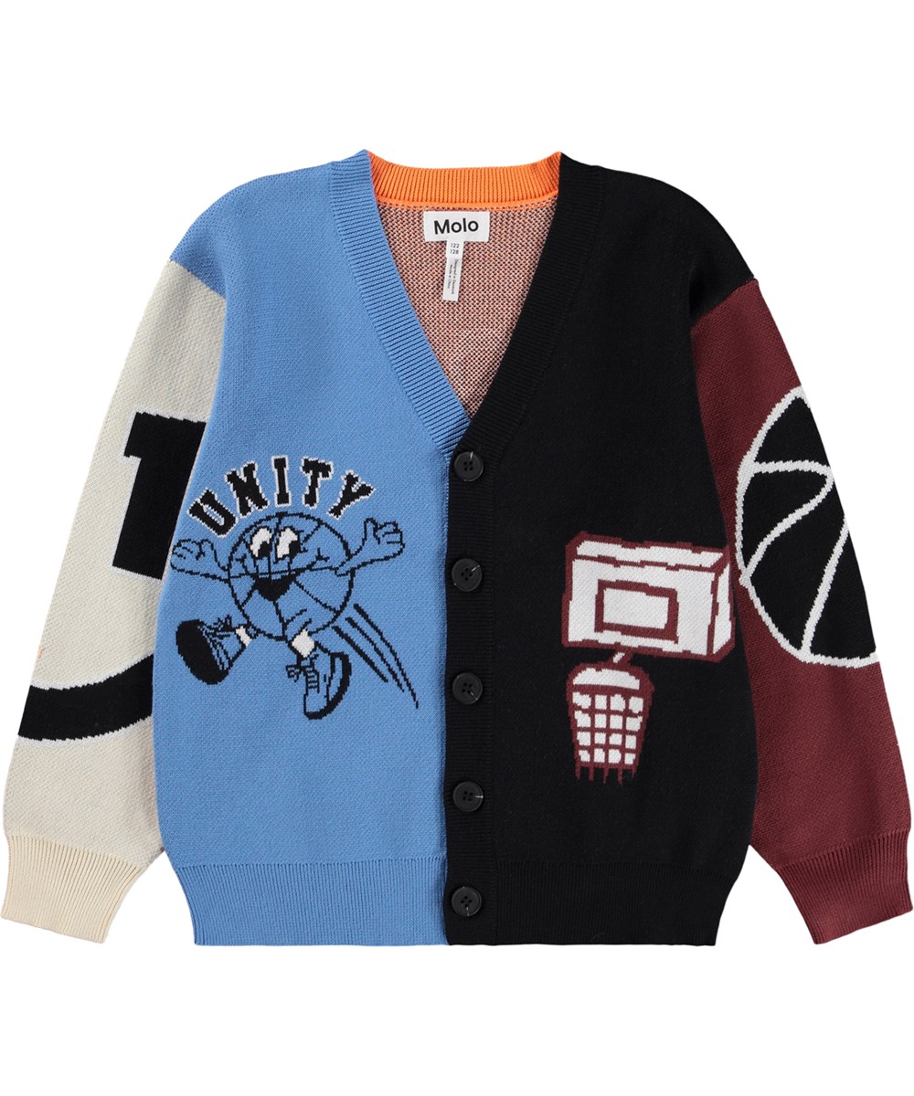 Burt - Basket Comics - Multicoloured knitted cardigan for children made of soft organic cotton 