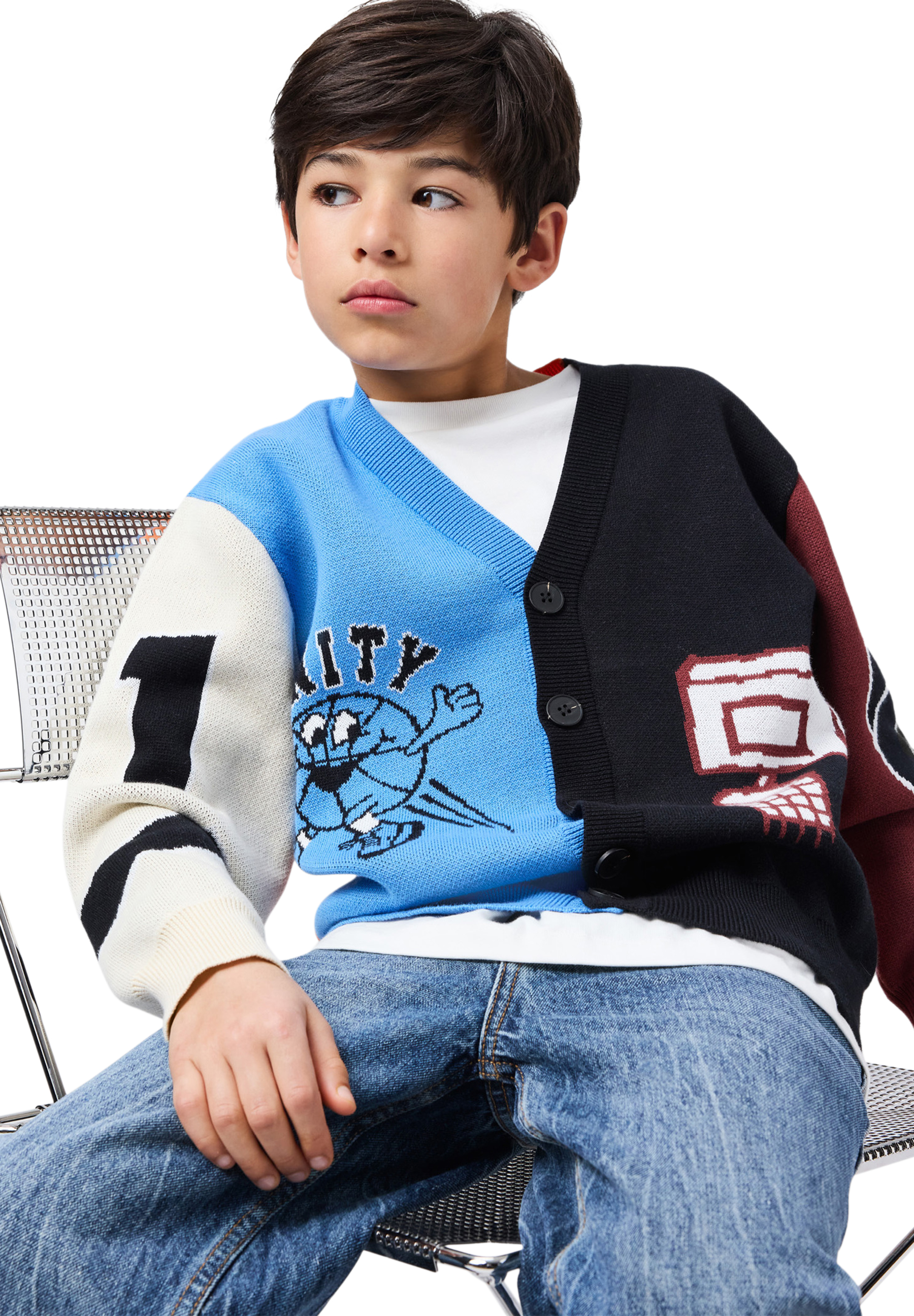 Burt - Basket Comics - Multicoloured knitted cardigan for children