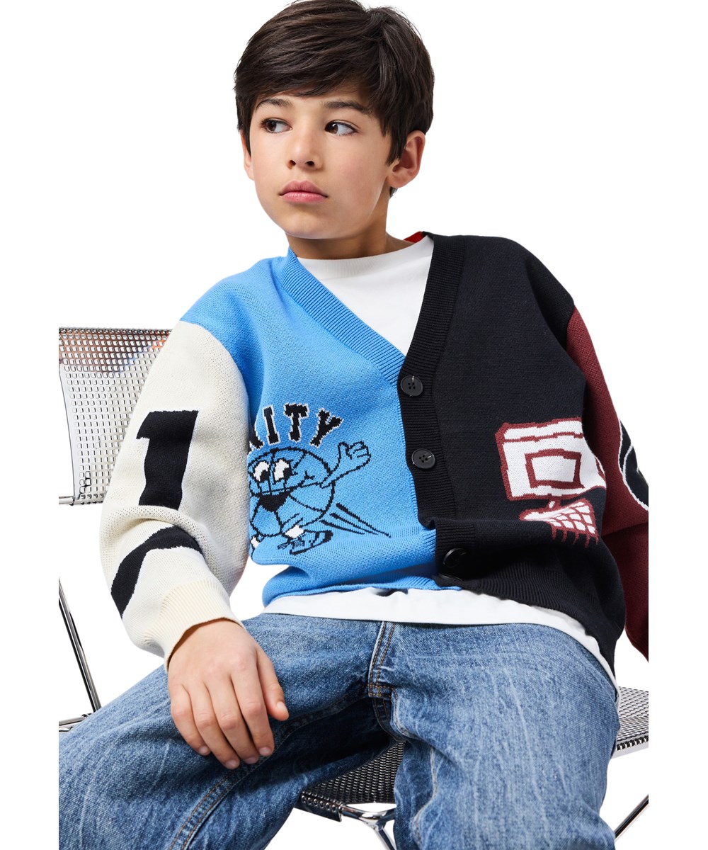 Burt - Basket Comics - Multicoloured knitted cardigan for children made of soft organic cotton 