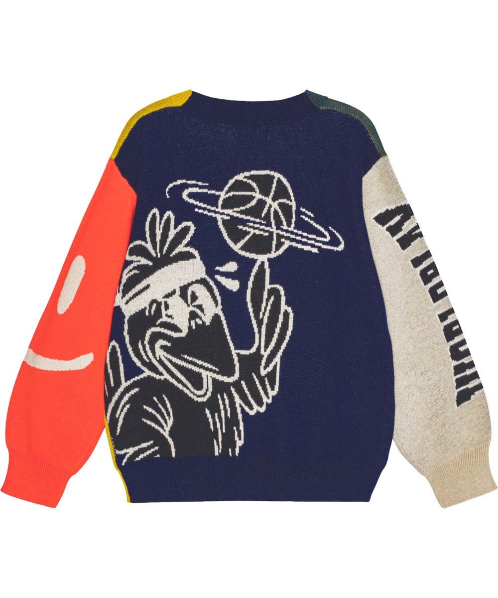 Burt - Colour Mix - Multicoloured cotton/wool cardigan with a college-inspired pattern with "Worldplay" text and basketball artwork.