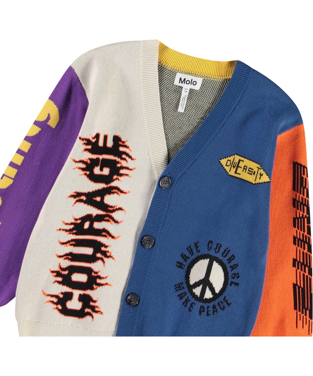 Burt - You Matter! - Multicoloured knitted cardigan for children in organic cotton with a V-neckline, ribbed edges at the neck, sleeves, and bottom of the cardigan, and button fastening on the front.