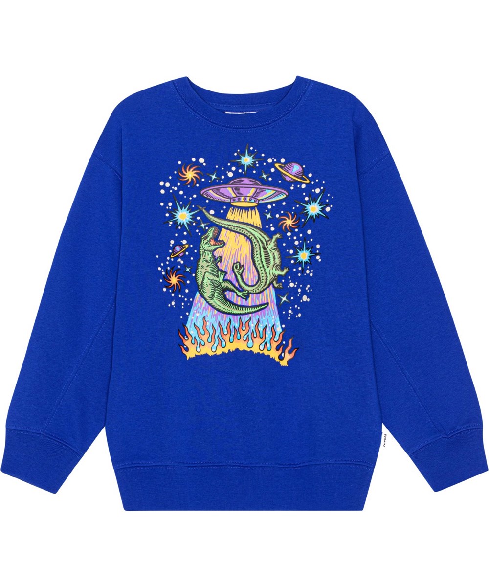 Magni - Reef Blue - Blue sweatshirt with multi-coloured dinosaur ufo print