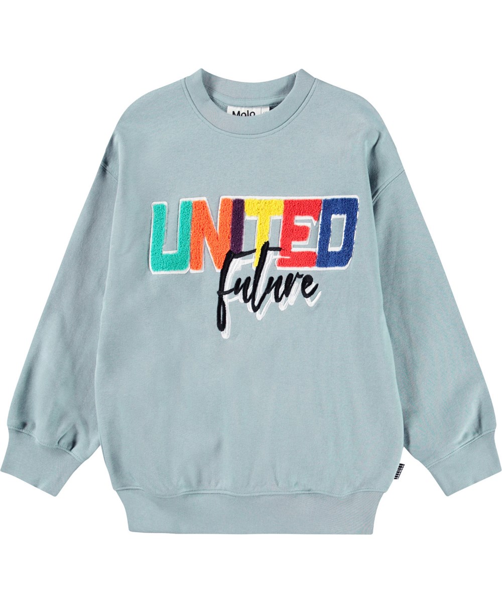 Mar - Misty Blue - Blue sweatshirt with embroidery for children in soft organic cotton with ribbed edges at the neck, sleeves, and bottom of the sweatshirt.