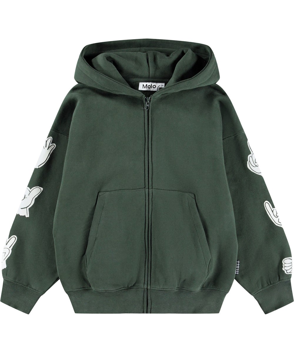 Marley - By Hands - Dark green hoodie with zipper for children made of organic cotton with a white hand sign print.