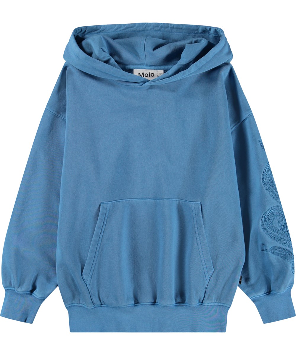 Marlo - Swell Blue - Blue hoodie for children made of organic cotton with an embroidery