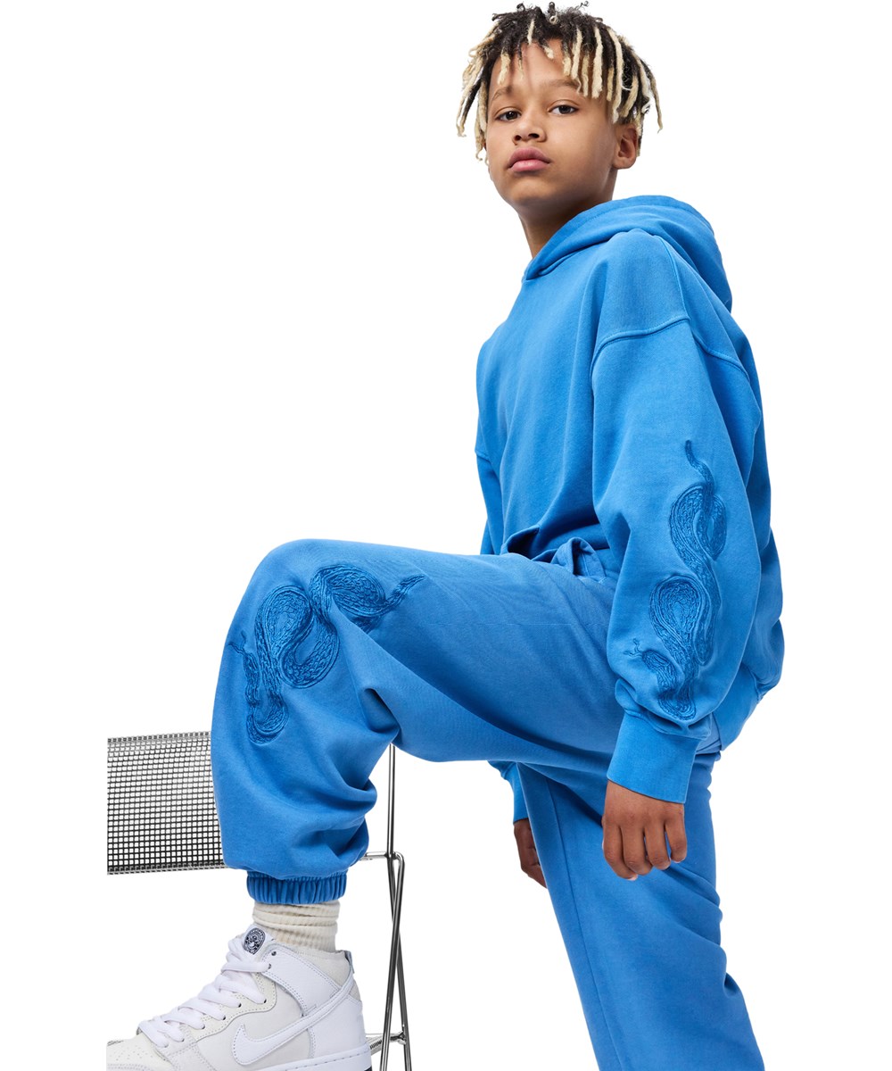 Marlo - Swell Blue - Blue hoodie for children made of organic cotton with an embroidery