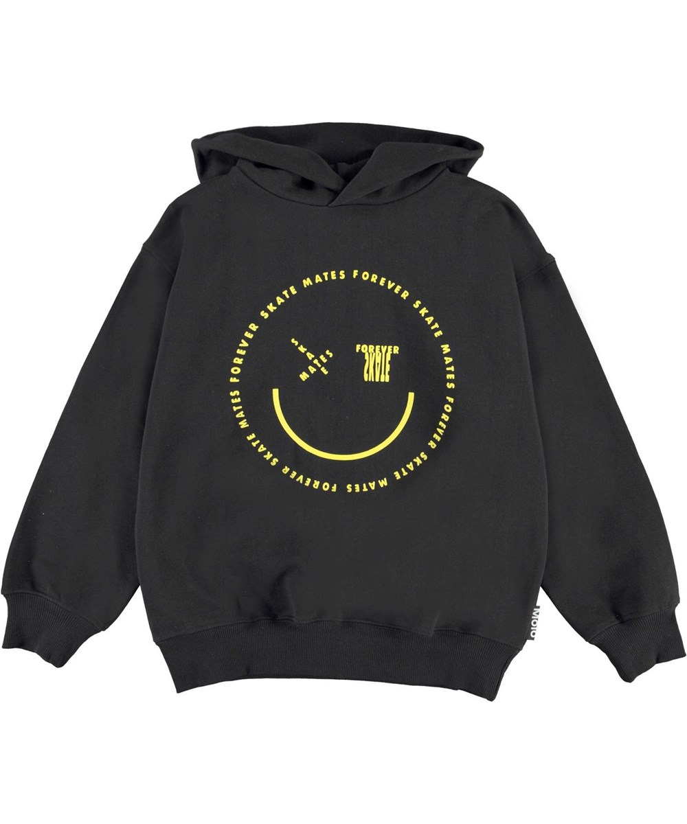 Matt - Black - Black sweatshirt hoodie with a yellow smiley face