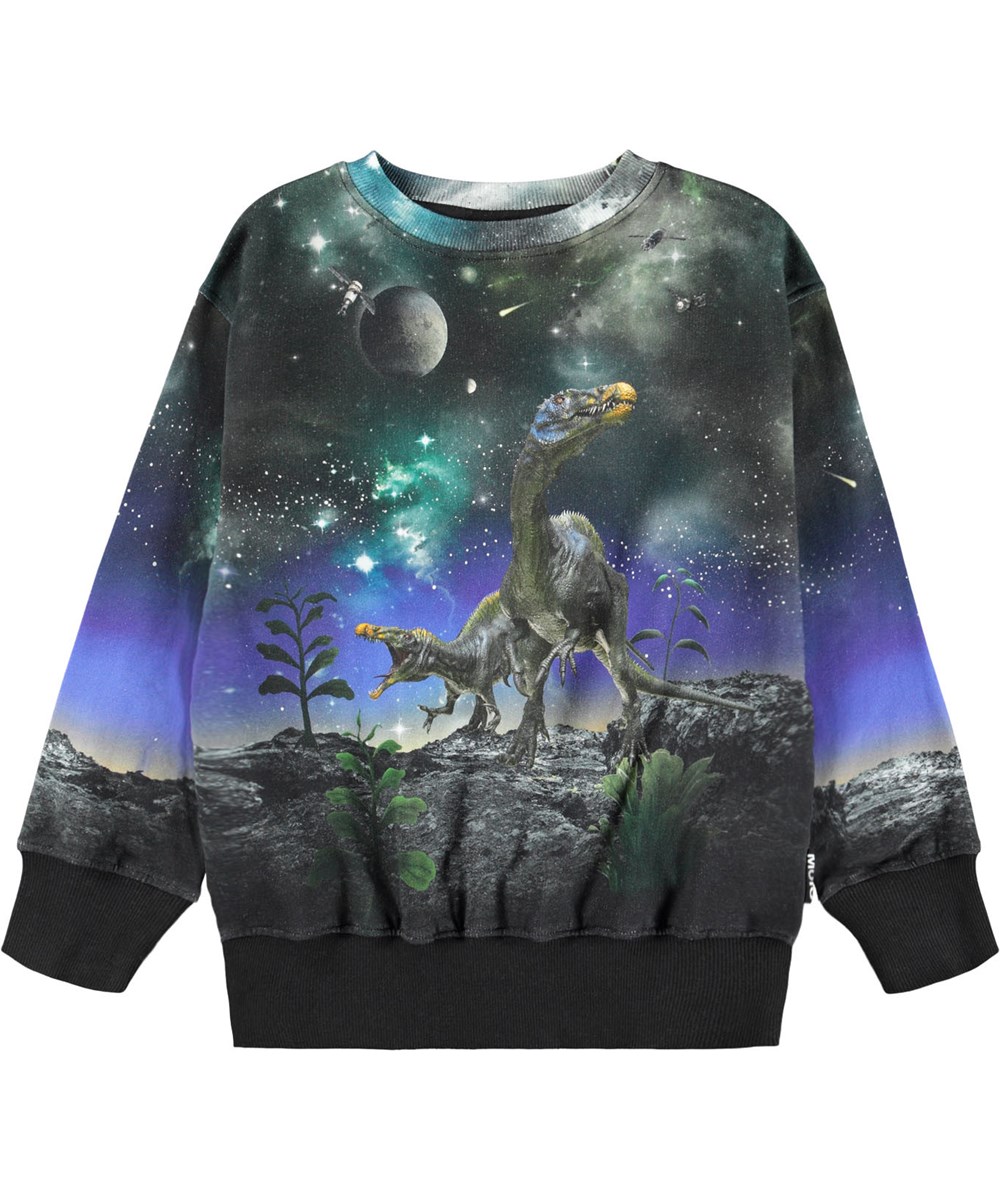 Mattis - Dino Drama - Dark sweatshirt for children made of soft organic cotton with a print of a dinosaur and a beautiful sky.