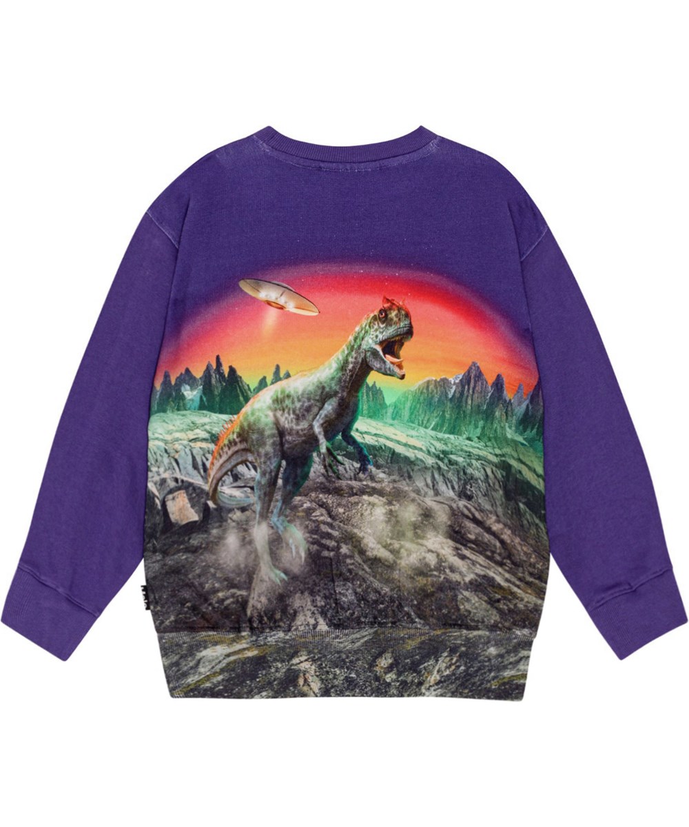 Mattis - Dino Play - Purple sweatshirt with dinosaur and UFO print.