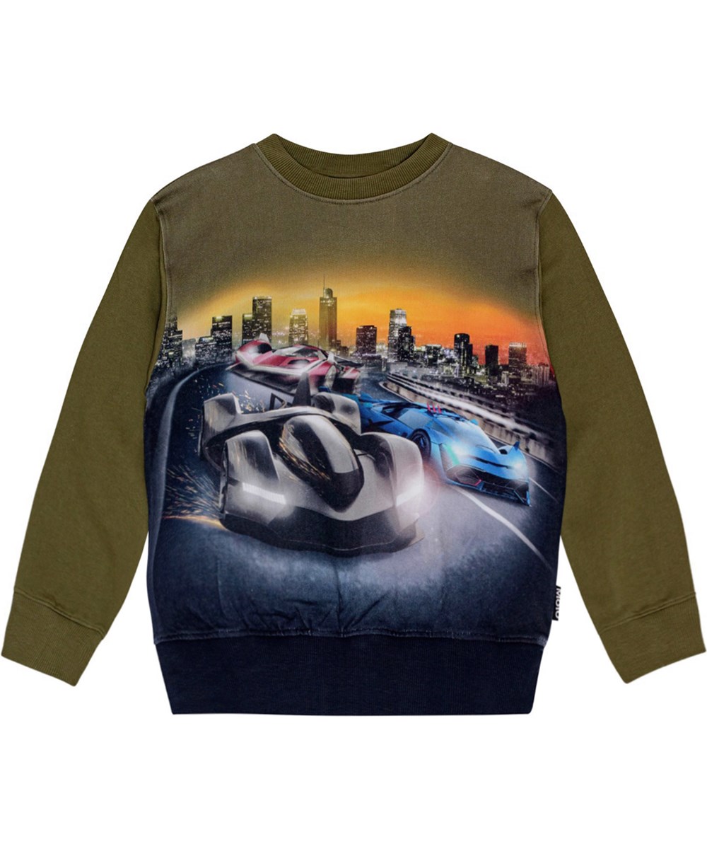Mattis - Faster Game - Army green sweatshirt with racing car print.