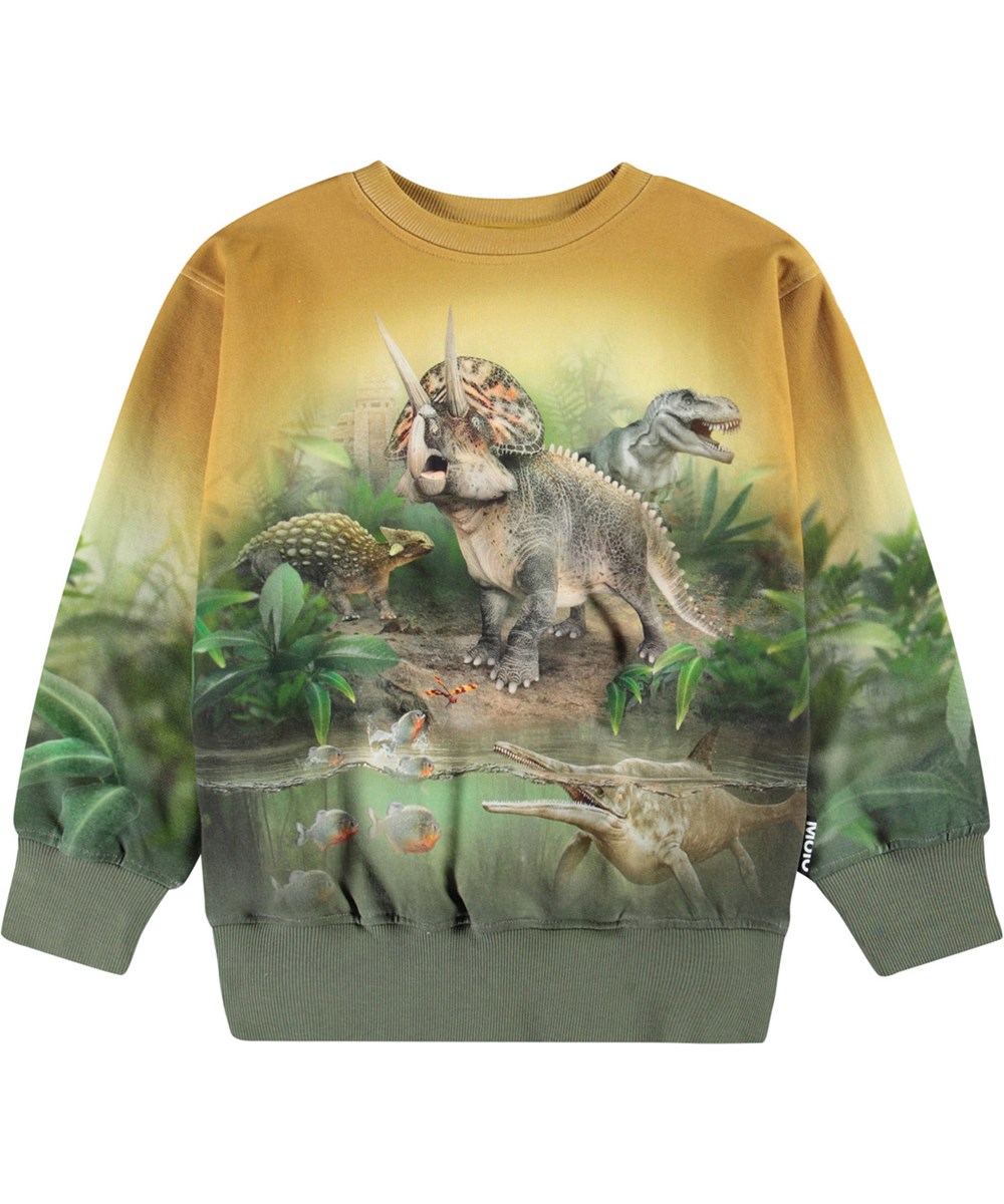 Mattis - Forest Dinos - Yellow and green sweatshirt with print for children in soft organic cotton with ribbed edges at the neck, sleeves, and bottom of the sweatshirt.