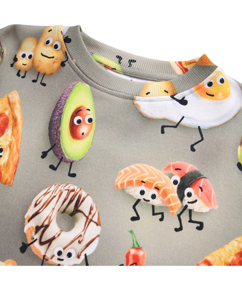 Mattis - Moody Foods - Grey sweatshirt for children made of soft organic cotton with print of food with faces.