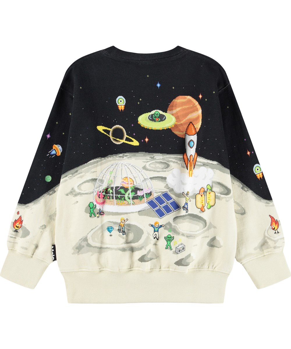 Mattis - Pixel Moon - Colourful sweatshirt for children made of soft organic cotton with a pixelated computer-inspired print of the moon.
