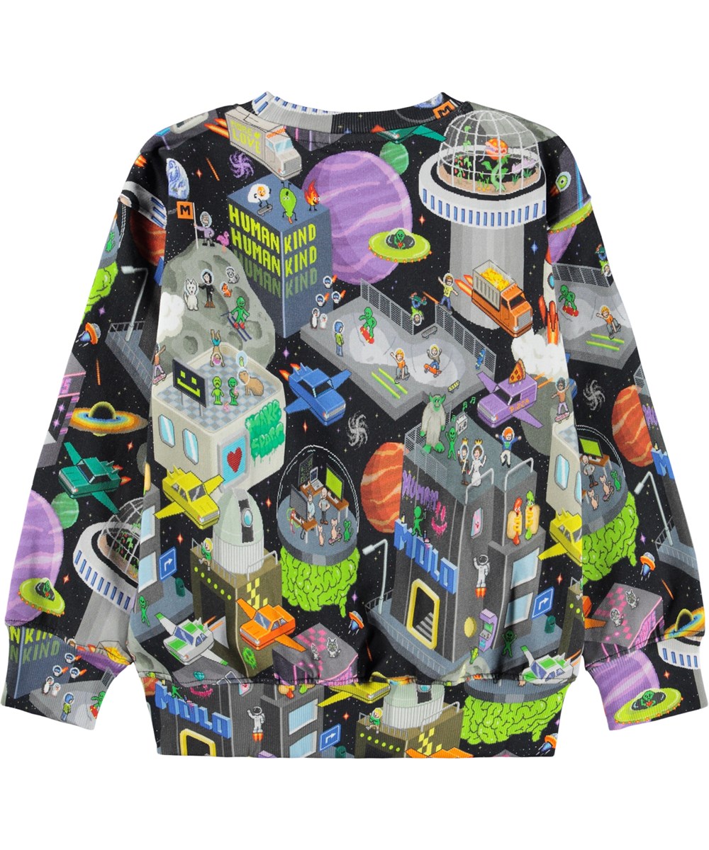 Mattis - Pixel Space - Black sweatshirt for children made of soft organic cotton with a pixelated computer game-inspired print.