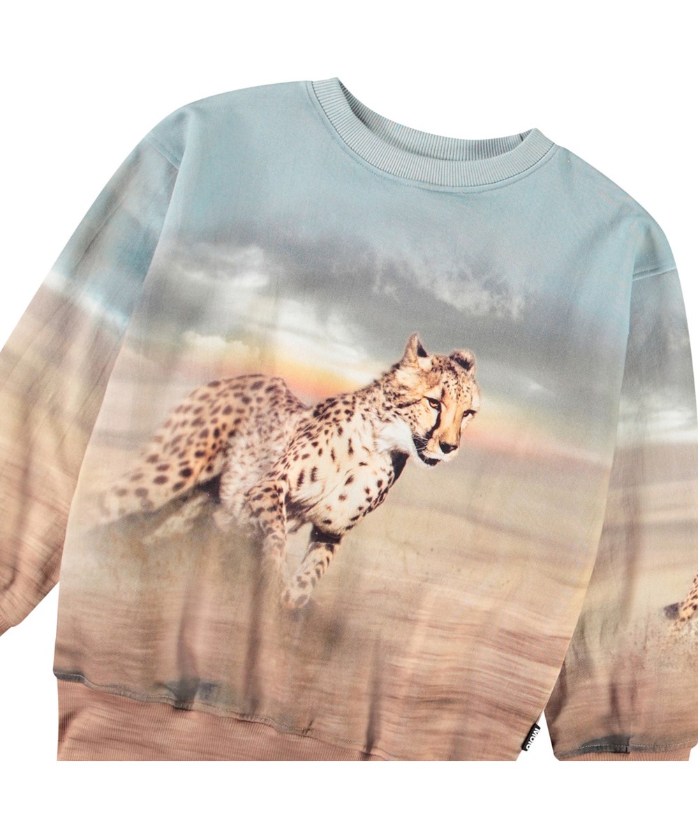 Mattis - Running Cheetahs - Blue and brown sweatshirt with print for children in soft organic cotton with ribbed edges at the neck, sleeves, and bottom of the sweatshirt.
