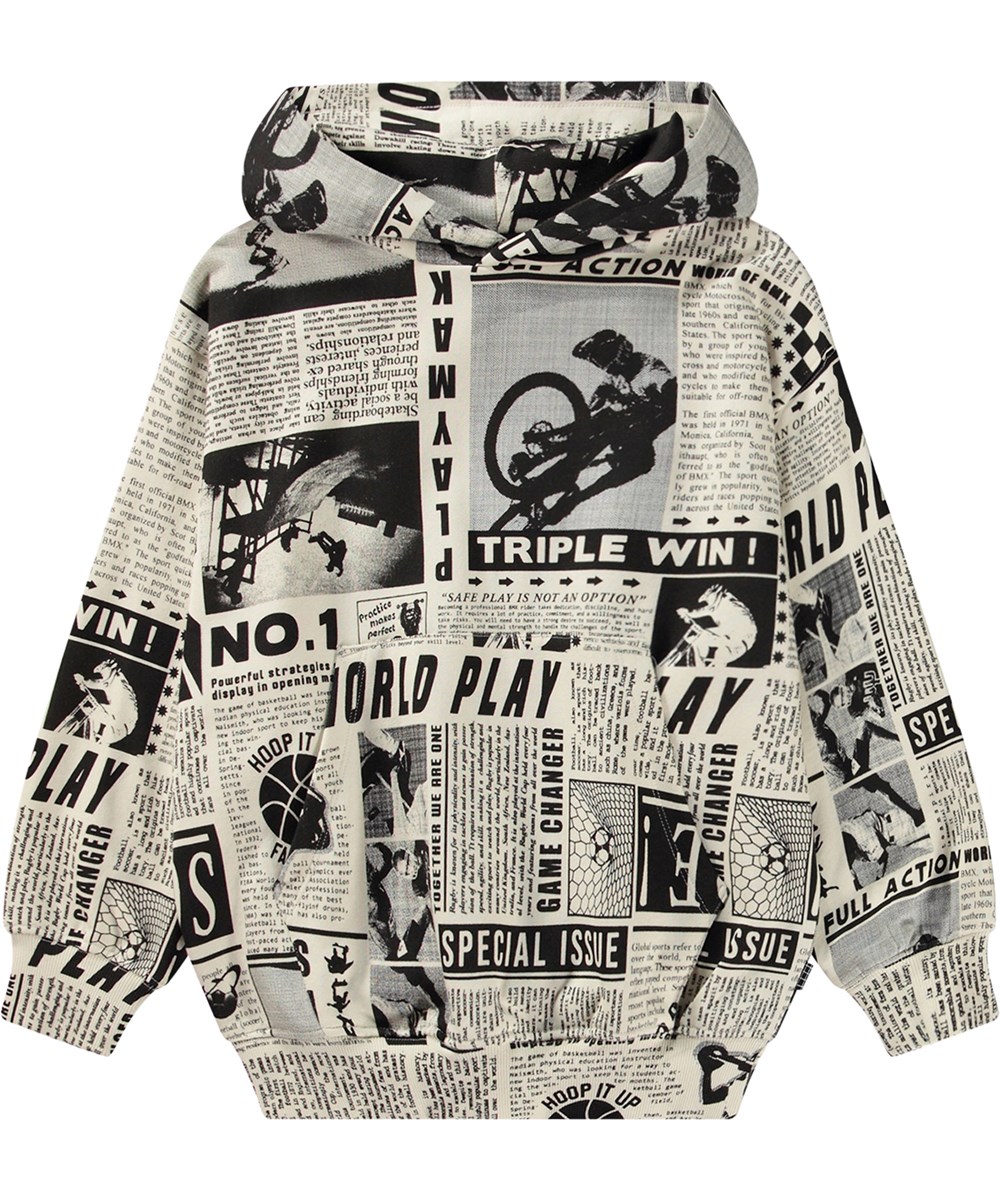 Maxx - Sports News - Black and white hoodie in organic cotton with all-over newspaper collage print.