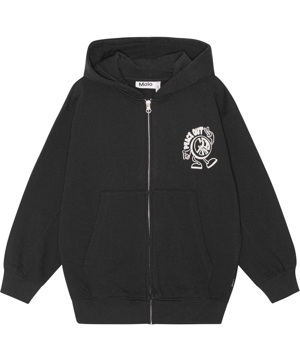 Mazz - Black - Black hoodie with a zipper and white cartoon placement print