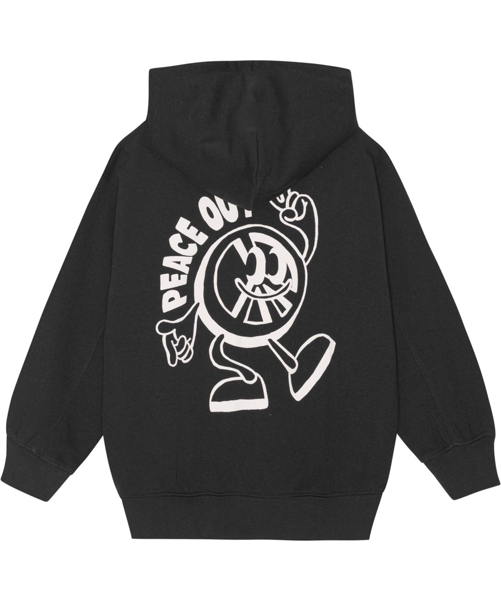 Mazz - Black - Black hoodie with a zipper and white cartoon placement print