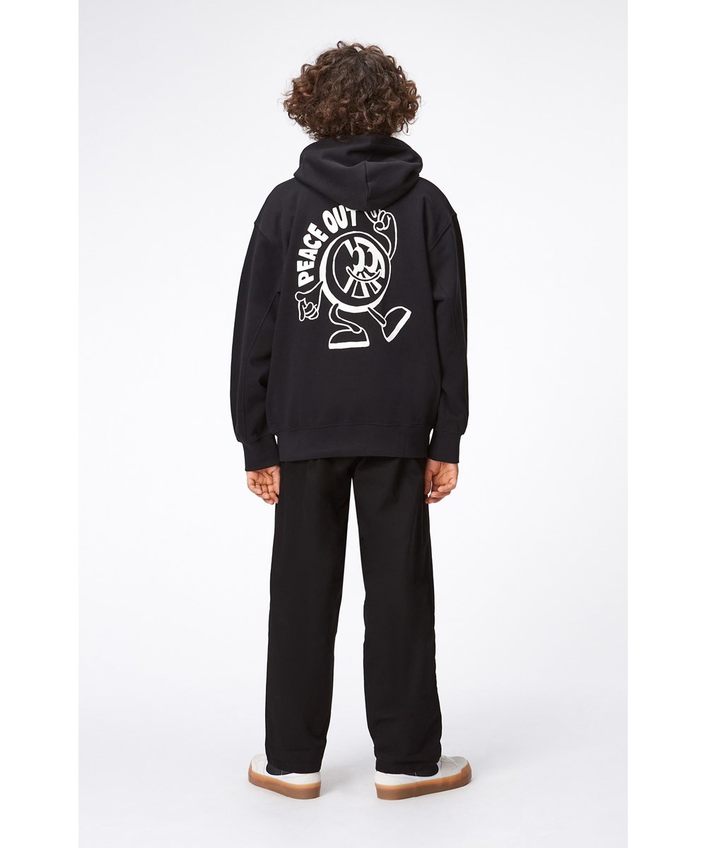 Mazz - Black - Black hoodie with a zipper and white cartoon placement print