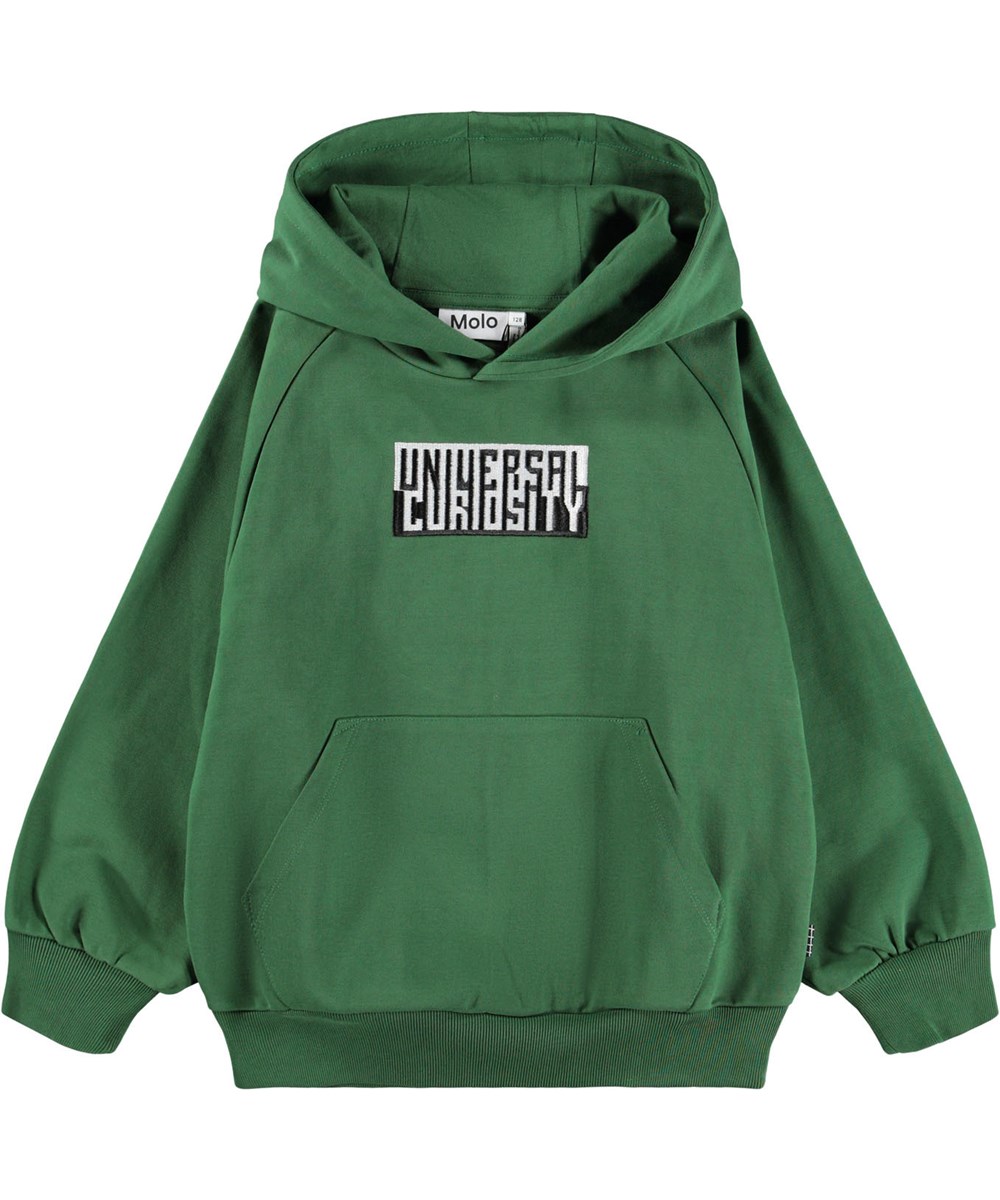 Mic - Pine Tree - Green hoodie for children made of organic cotton with a black/white print with the text ''Universal Curiosity''.
