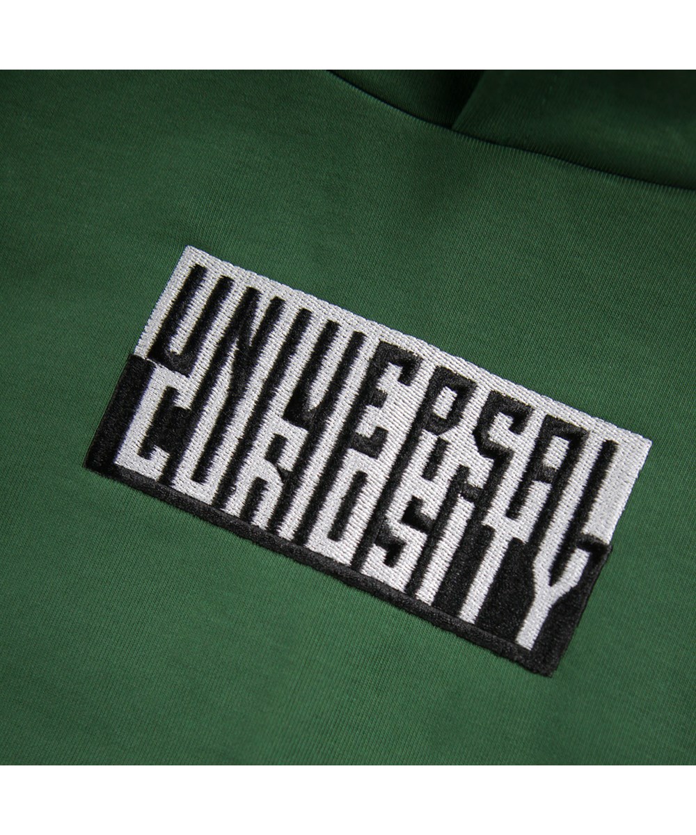 Mic - Pine Tree - Green hoodie for children made of organic cotton with a black/white print with the text ''Universal Curiosity''.