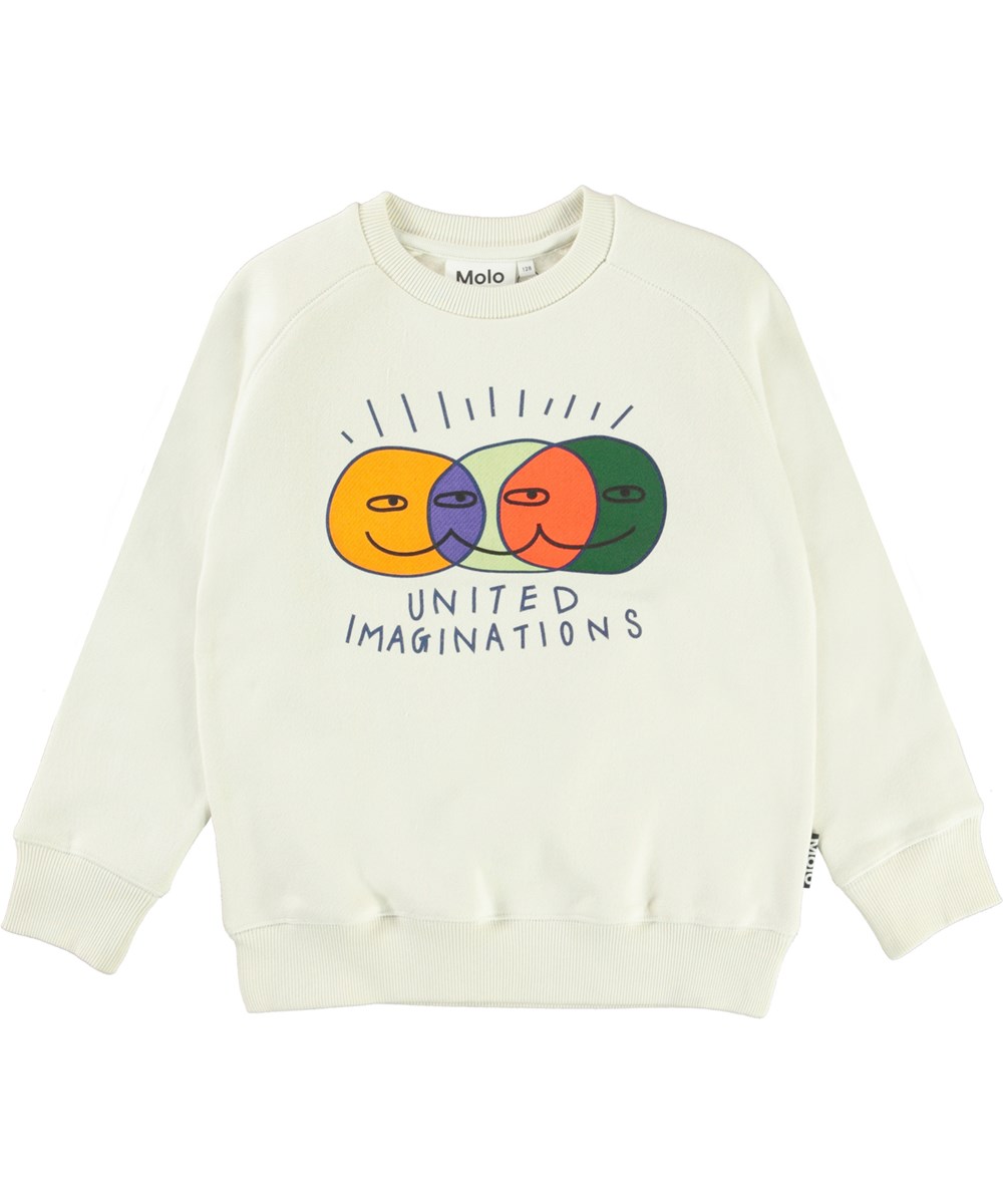 Mike - Ivory - White sweatshirt with happy faces and united imaginations print