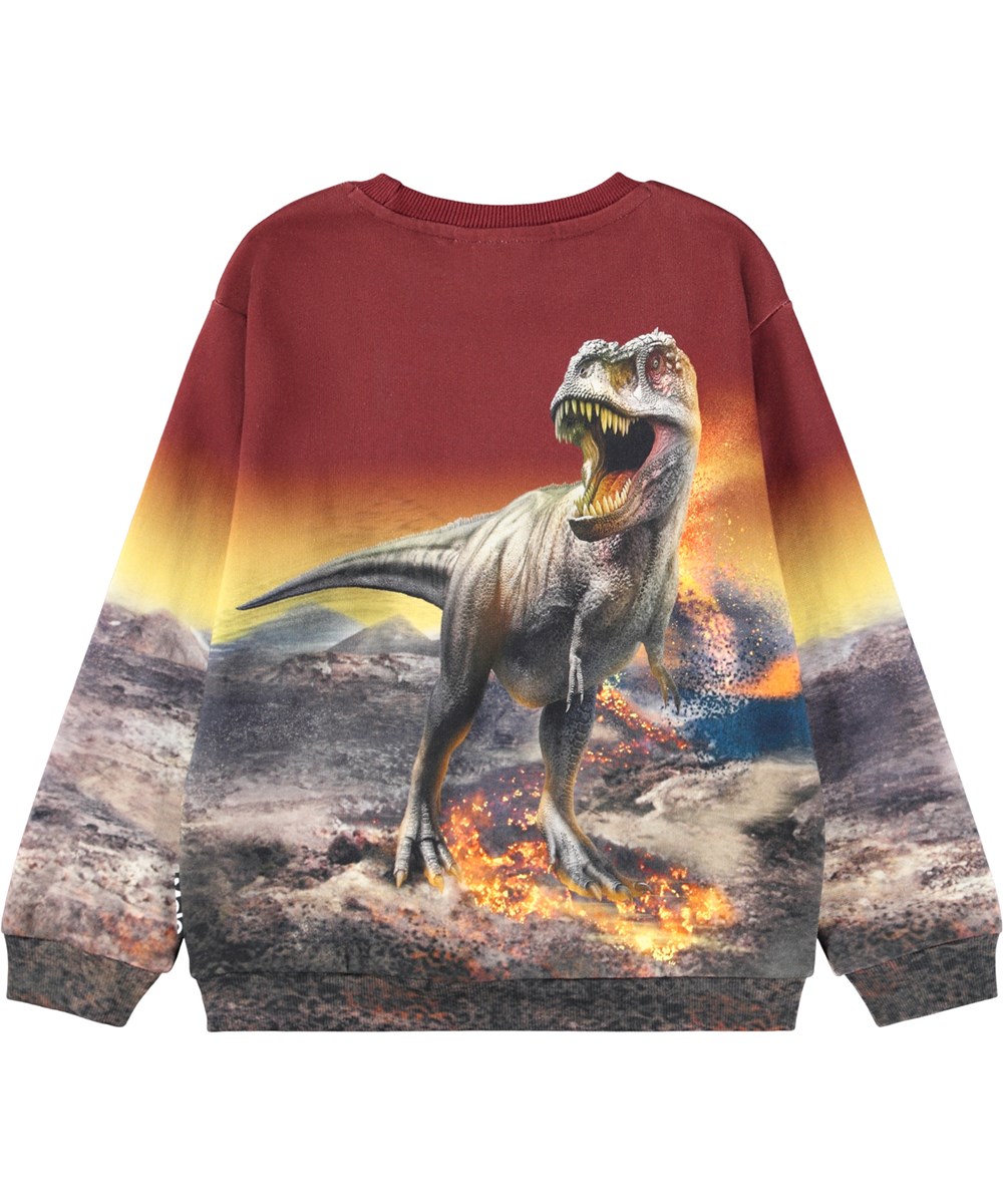 Miksi - Dino Landscape - Dark red sweatshirt for children made of soft organic cotton with a dinosaur print.