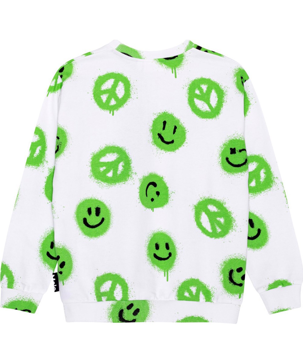 Miksi - Easy Peacy Vert - White, organic sweatshirt in green in all over print with smiling faces and peace signs