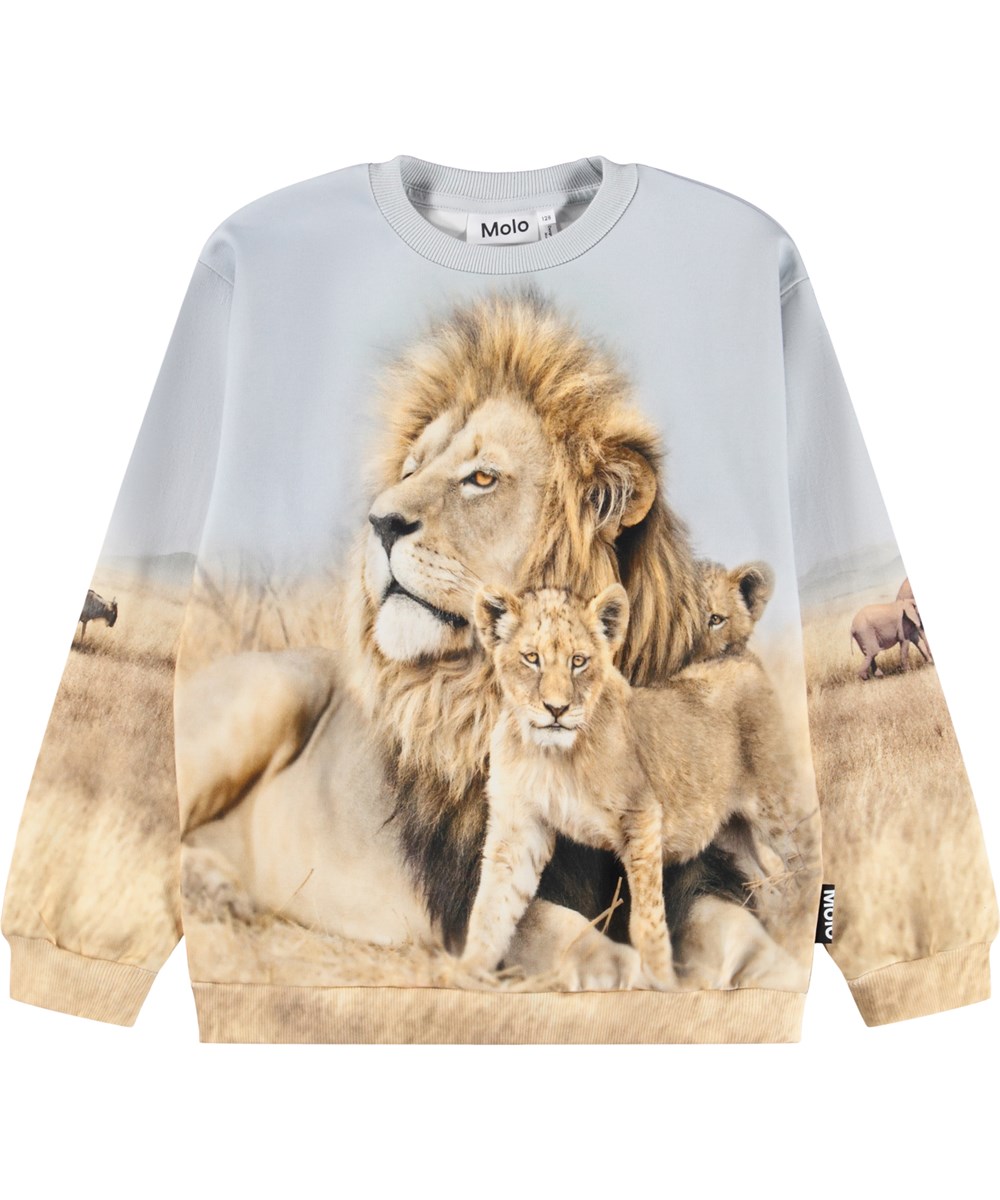 Miksi - Leo Family - Light blue sweatshirt for children made of soft organic cotton with a lion print.