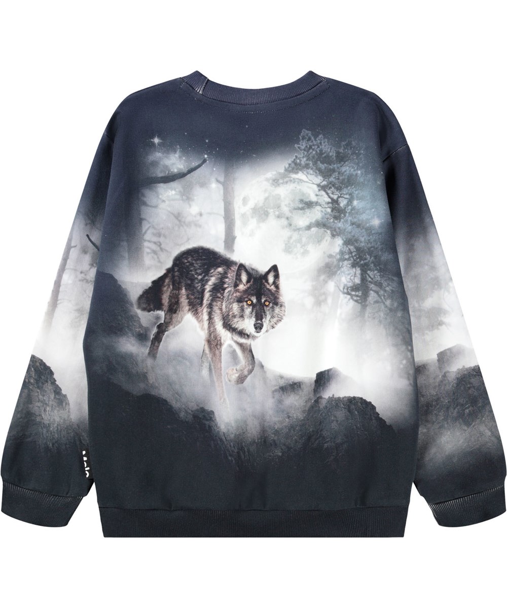 Miksi - Moonlit Wolves - Dark blue sweatshirt for children made of soft organic cotton with a wolf print.
