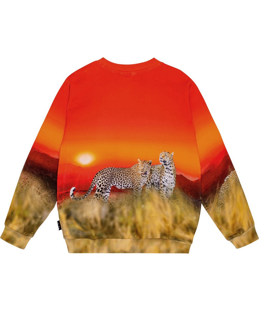 Miksi - Red Sky Leopard - Red and orange organic cotton sweatshirt with leopard print.