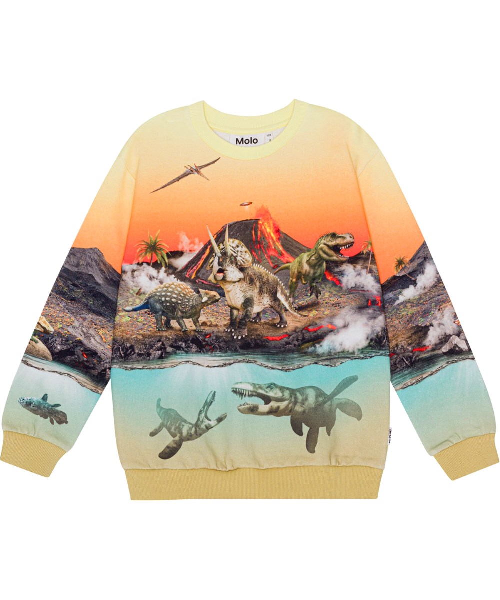 Miksi - Volcano Dinos - Organic sweatshirt with dinosaur and volcano print in shades of orange and blue