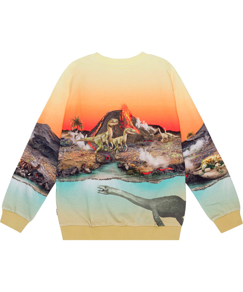 Miksi - Volcano Dinos - Organic sweatshirt with dinosaur and volcano print in shades of orange and blue