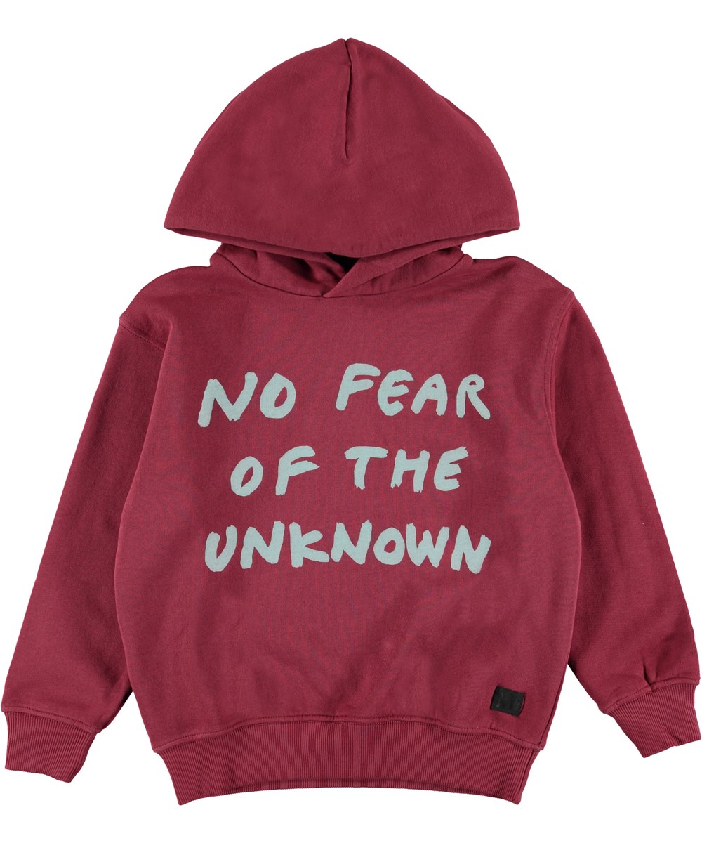 Miles - Wild Madder - Red hoodie with text.  