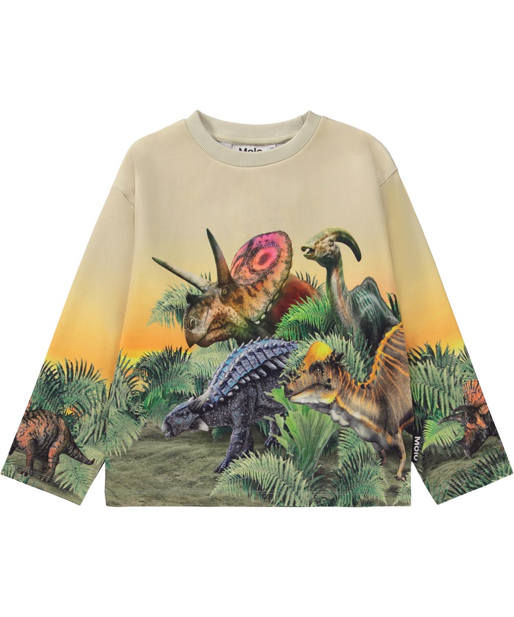 Monte -  Friendly Dinos - Yellow organic sweatshirt with placement dinosaur print