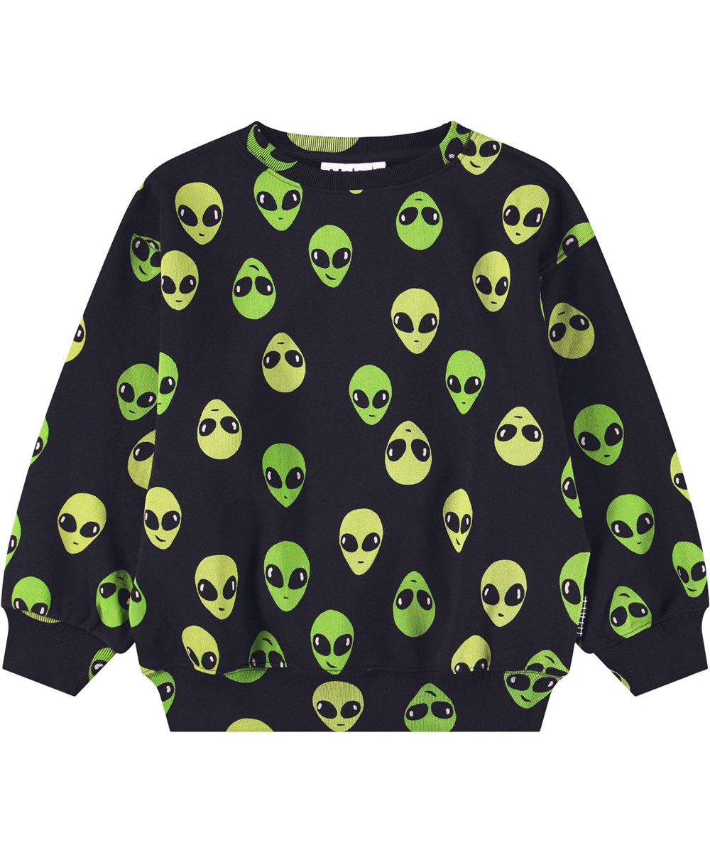 Monti - Alien Faces - Black sweatshirt for children made of soft organic cotton with an alien print.