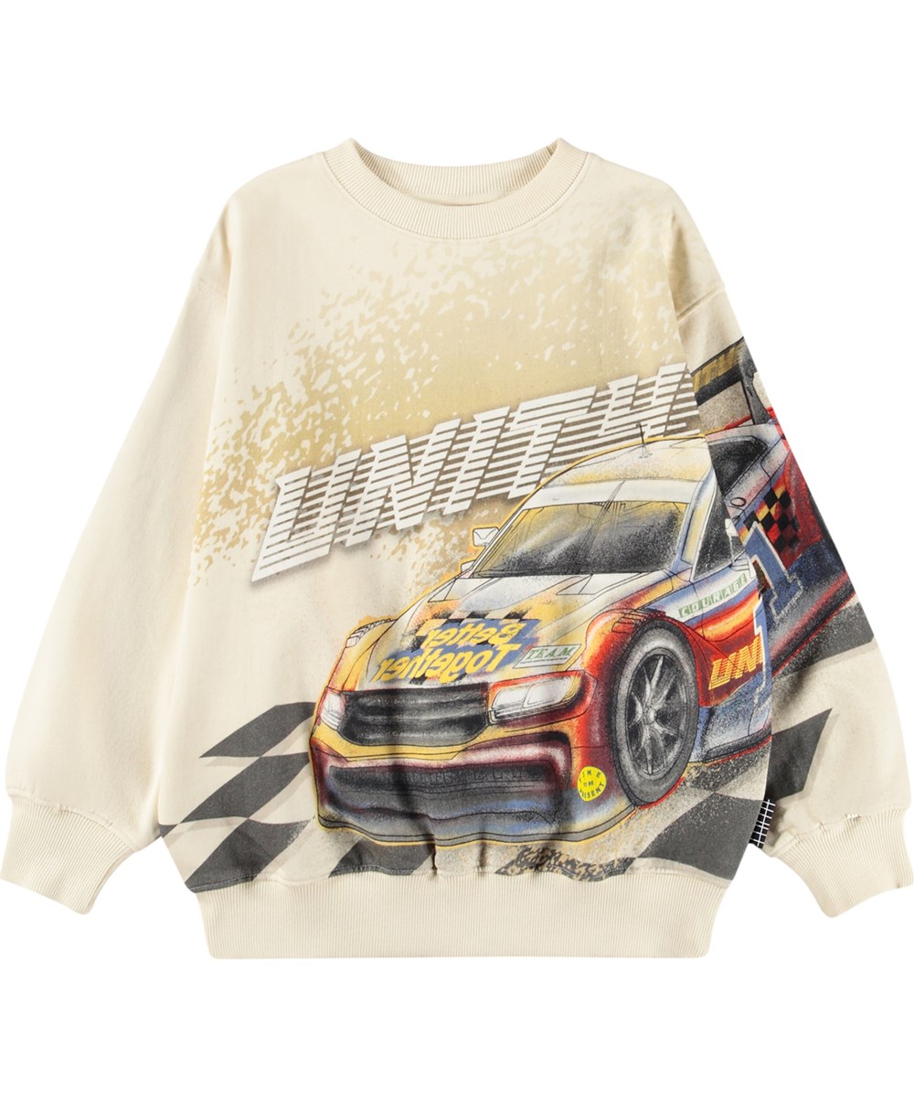 Monti - Car Race - Beige sweatshirt for children made of organic cotton with a print of a racing car 