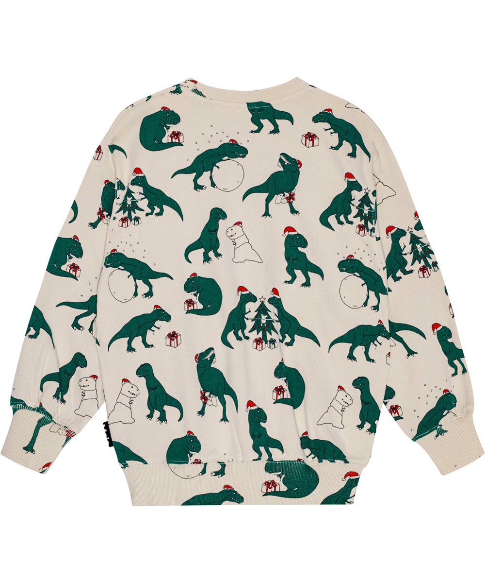 Monti - Festive Dinos - Beige and green organic cotton sweatshirt with dinosaur print.