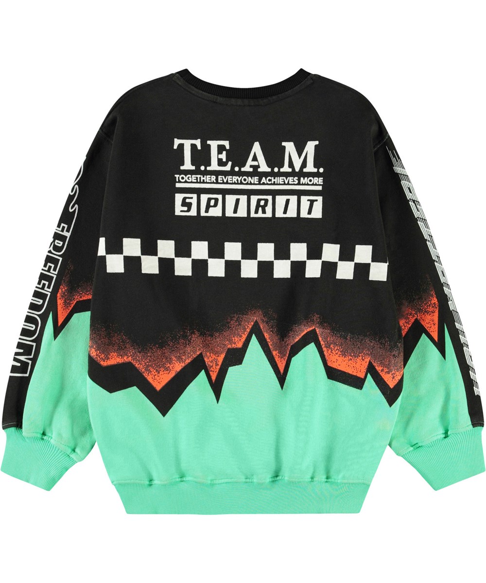 Monti - Future United - Black and green sweatshirt with print for children in soft, organic cotton with ribbed edges at the neck, sleeves, and bottom of the sweatshirt.