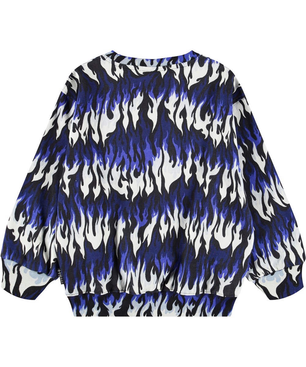 Monti - Ingenuity Cool - Blue, white and black sweatshirt for children made of soft organic cotton with a flame print.