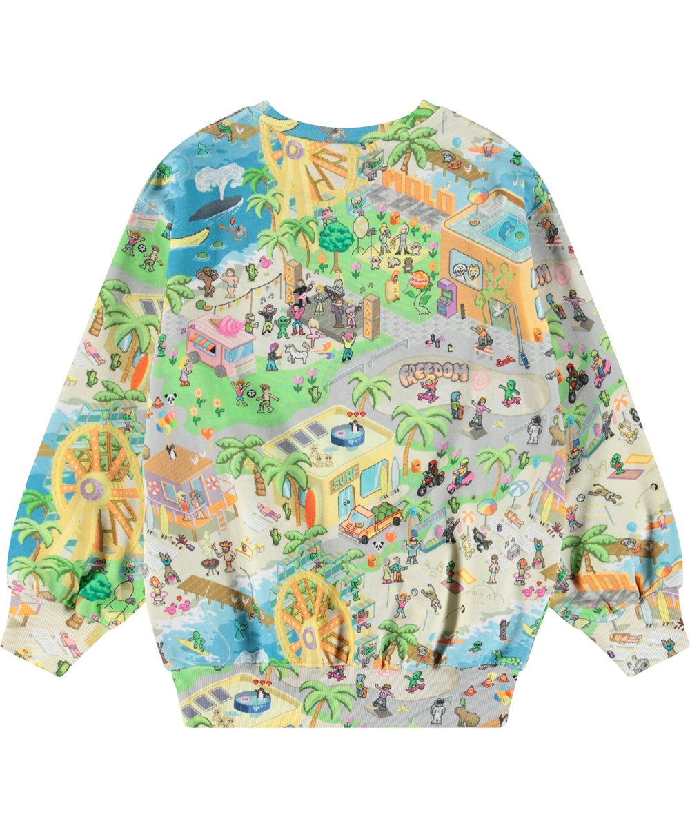 Monti - Pixelcation - Multicoloured sweatshirt with print for children in soft, organic cotton with ribbed edges at the neck, sleeves, and bottom of the sweatshirt.