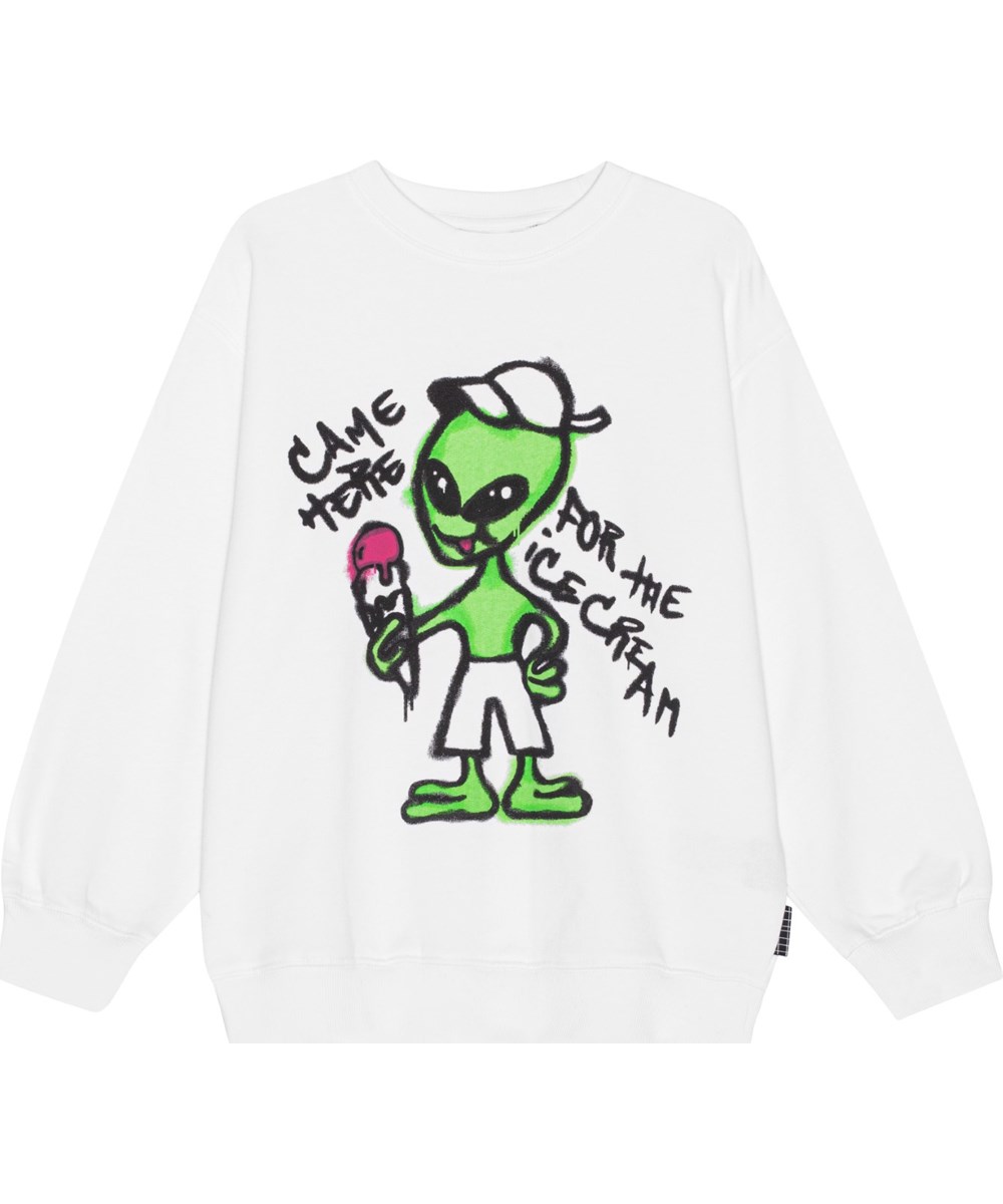 Monti - White - White, organic sweatshirt with alien and ice cream print