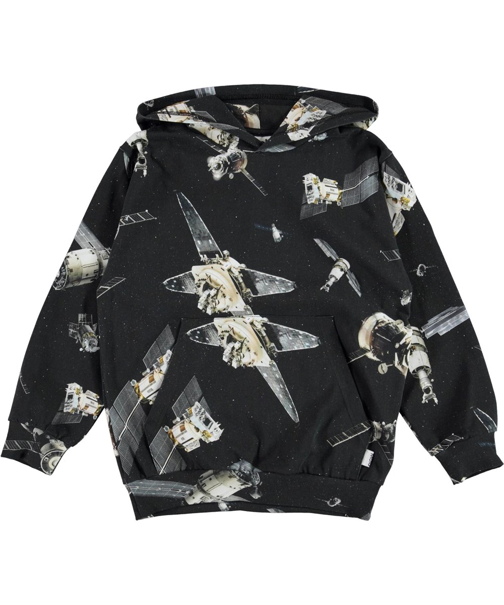 Mowmi - Space Satellite - Black organic hoodie with satellite print 