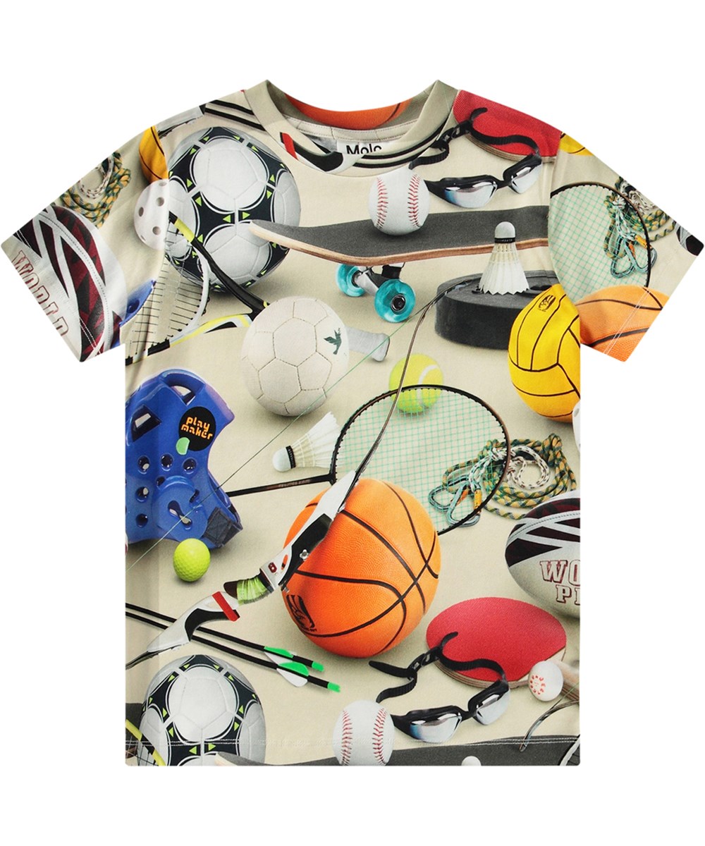 Ralphie - Sports Mix - Multicoloured T-shirt in organic cotton with all-over sports equipment print.
