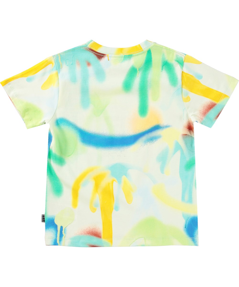 Rame - Palmtree Spray - Light coloured t-shirt in organic cotton with colourful palm trees and hearts print 