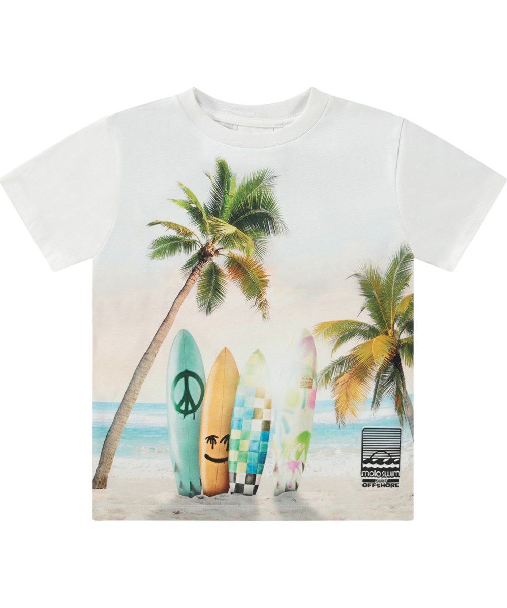 Rame - Sunrise Surfer - White t-shirt in organic cotton with a print of surfboards and palm trees.
