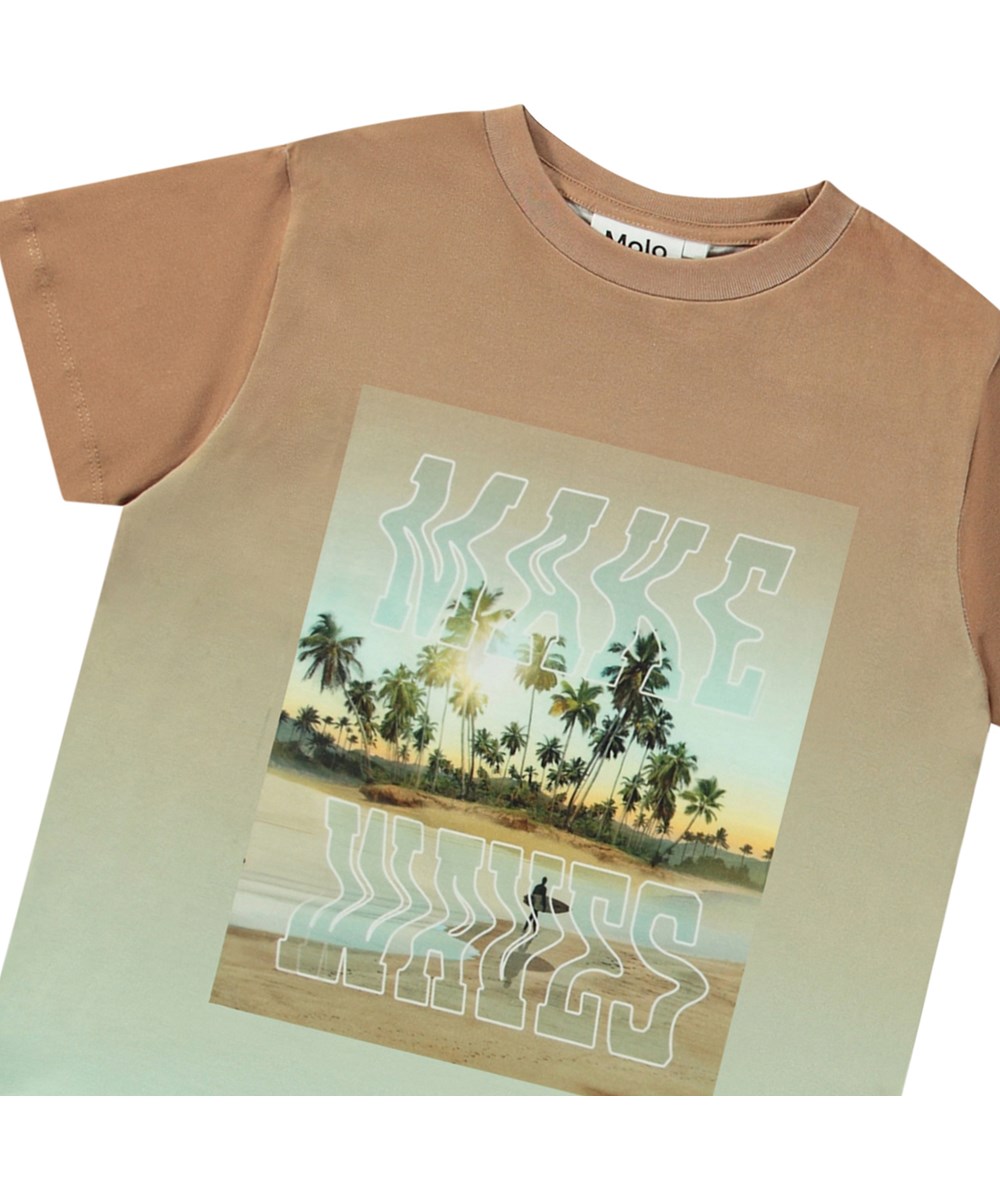 Rame - Waves - Brown and light green T-shirt for children in organic cotton with short sleeves and ribbed neckline.