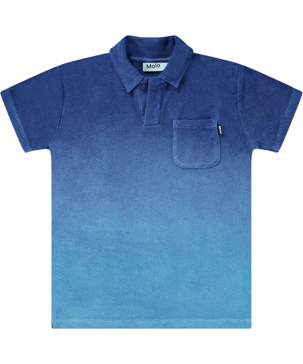 Randel - Mazarine Blue - Dark blue and light blue T-shirt for children in organic cotton terry with short sleeves and collar.